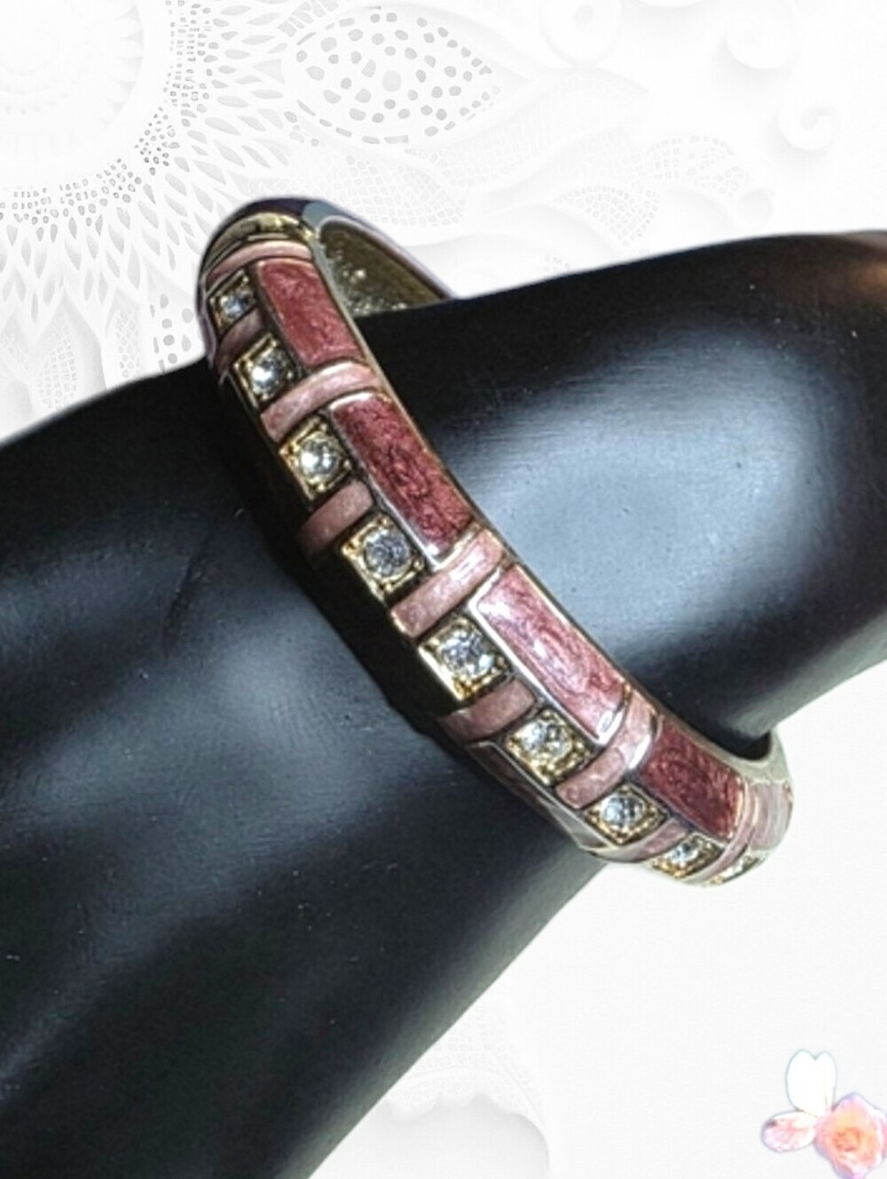 Vintage Enamel Pink and Gold Rhinestone Accents Hinged Bracelet